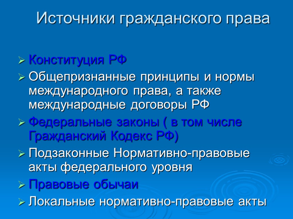 Источники гражданского права Конституция РФ Общепризнанные принципы и нормы международного права, а также международные